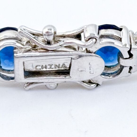 Vintage China Sterling Silver 925 Blue & Clear Cubic Zirconia Tennis Bracelet 7" - Picture 4 of 6